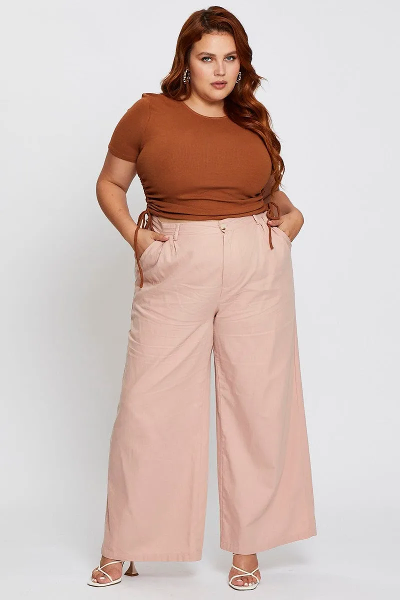 Pink High Waist Wide Leg Pant Linen blend Casual Chic