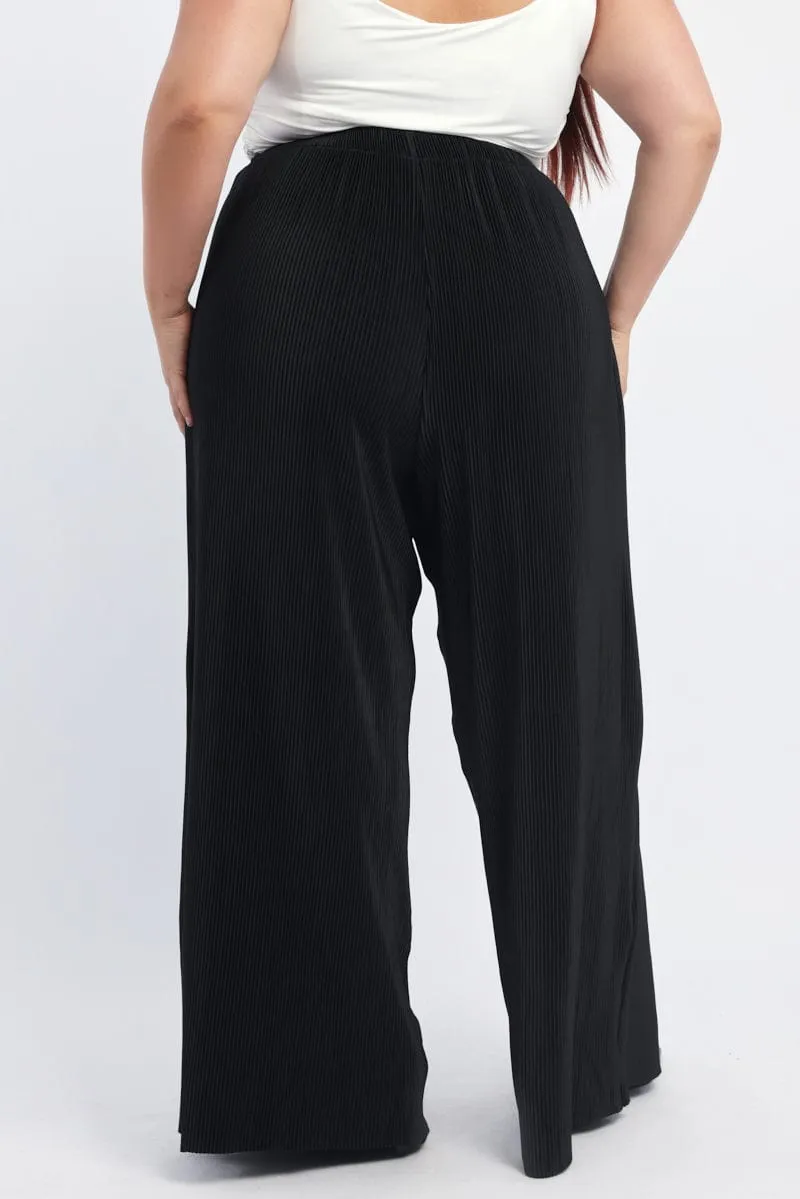 Black Fine Pleat Cropped Wide Leg Pants Office Friendly