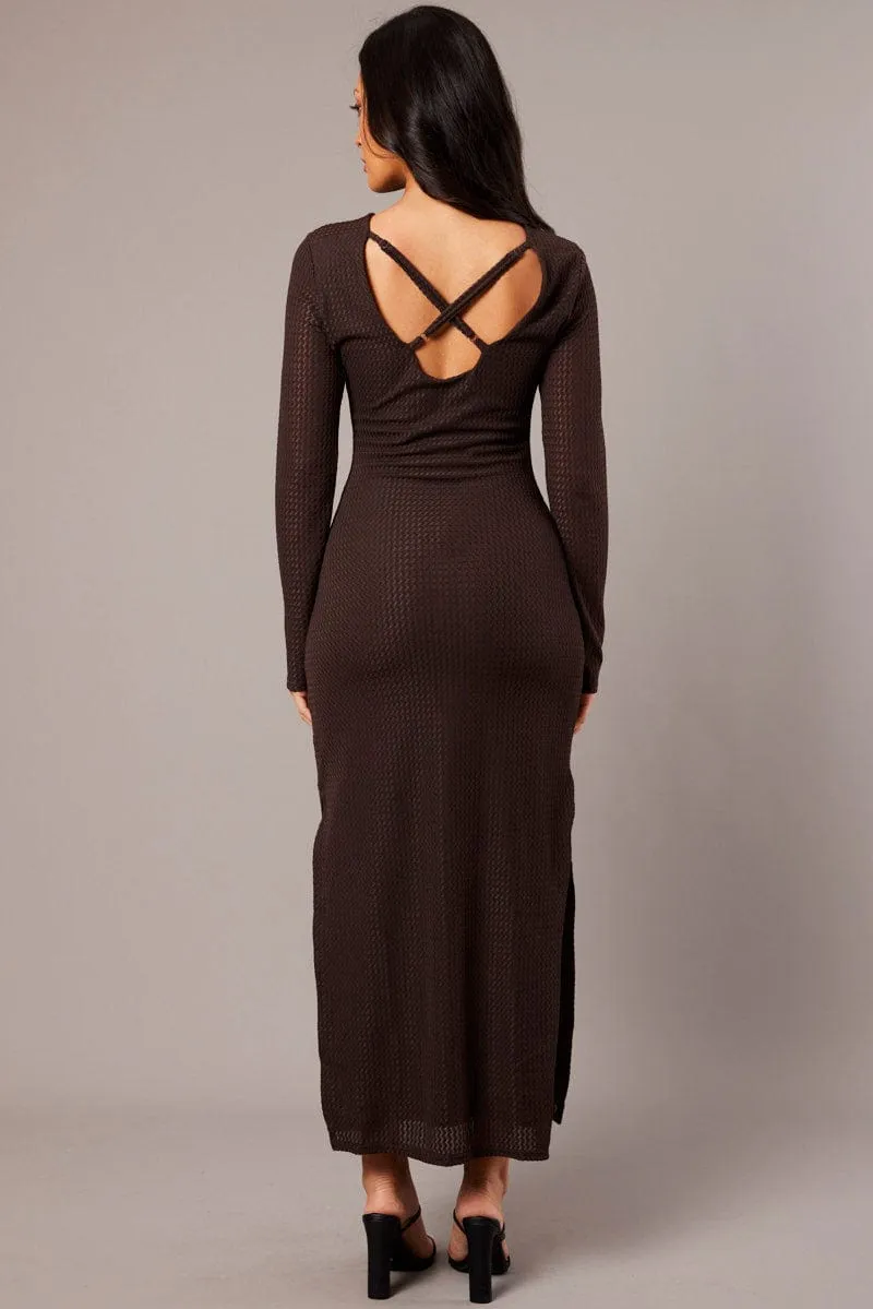 Placket Closure Heart Soul Brown Textured Dress Long Sleeve