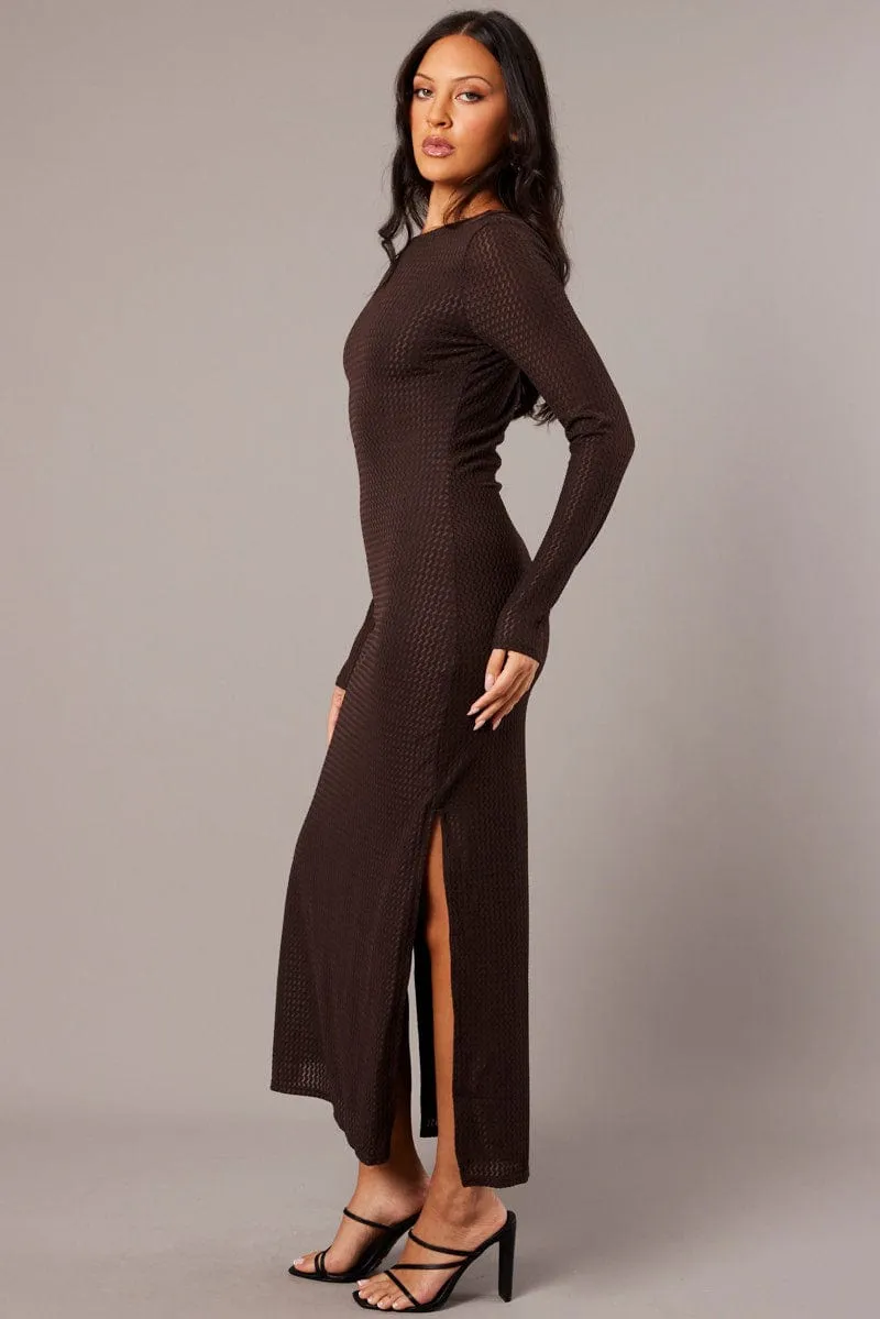 Leader Fit Love Glow Brown Textured Dress Long Sleeve