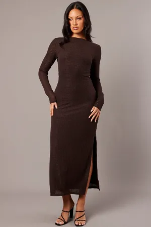 Colorfast Dye Sophisticated Style Brown Textured Dress Long Sleeve