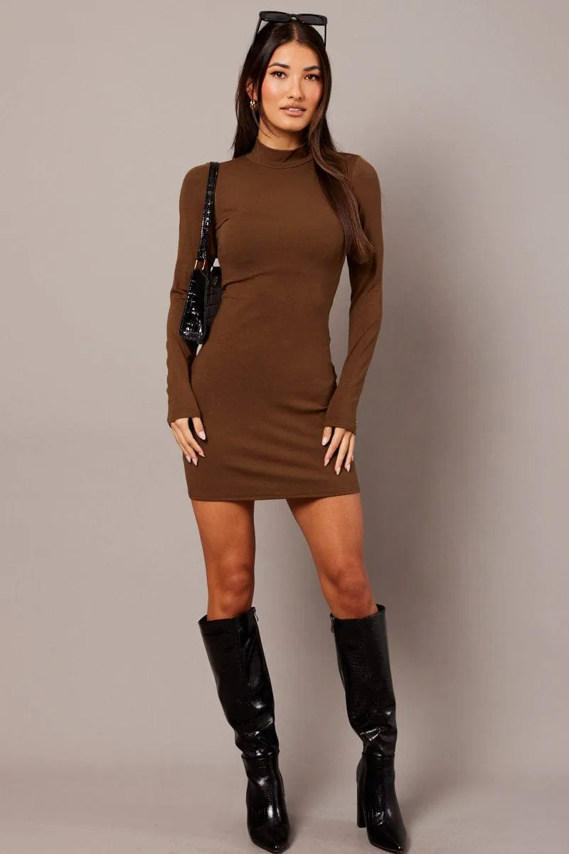 WaterRepellent Finish Brown Bodycon Dress Long sleeve Mini