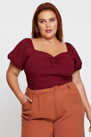 Red Bodysuit Short Sleeve Textured Gathered Bust LayeredNeckline