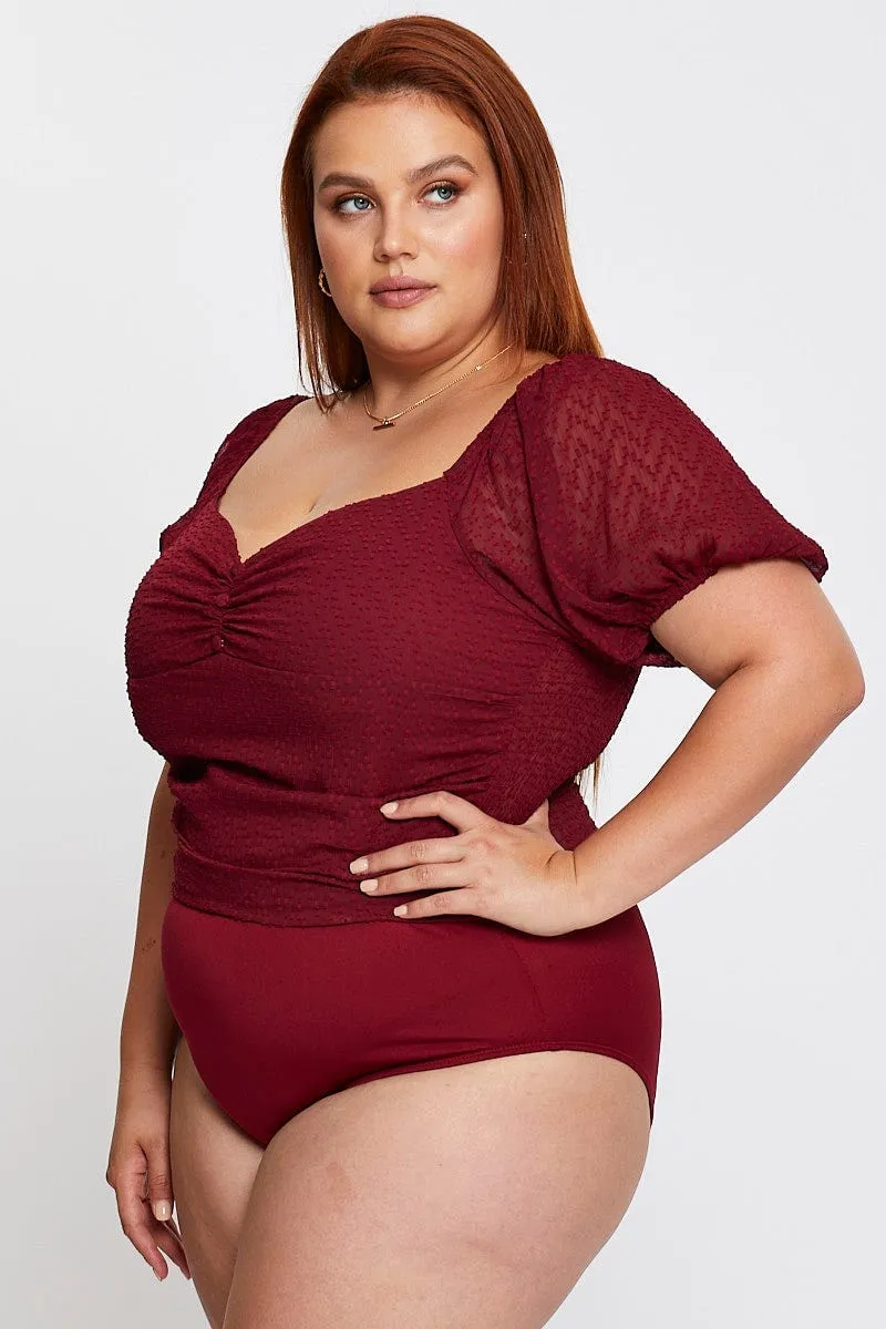 Comfort sleepwear Suburb Ease Red Bodysuit Short Sleeve Textured Gathered Bust