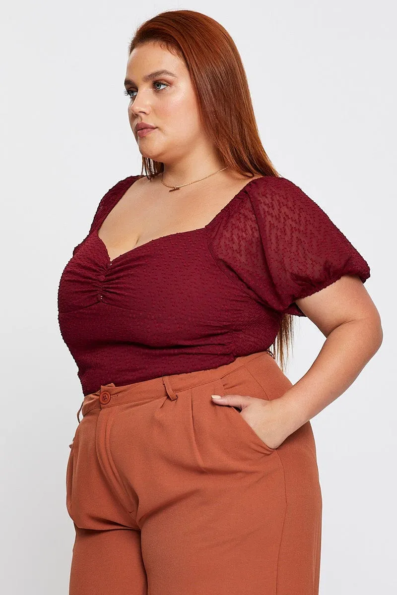 Red Bodysuit Short Sleeve Textured Gathered Bust SheerLayeredPanels ReflectiveDetails