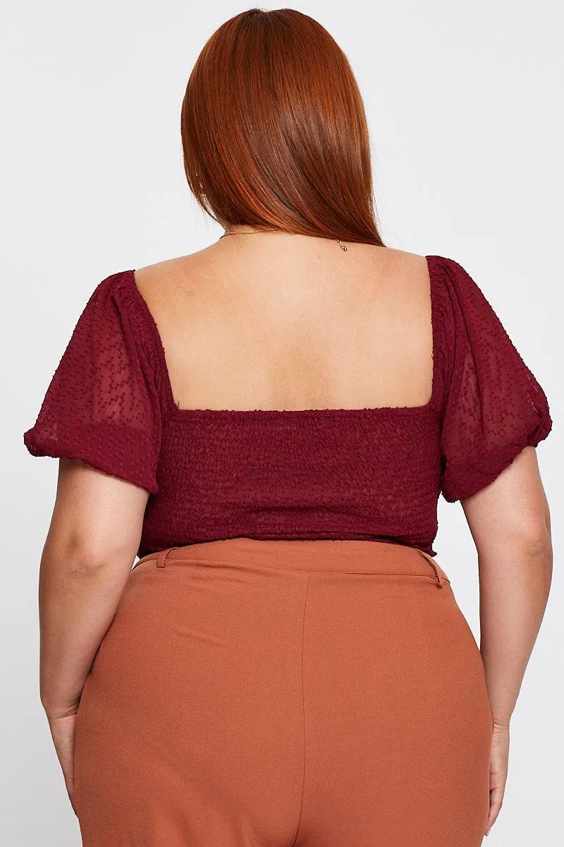 Red Bodysuit Short Sleeve Textured Gathered Bust Antibacterial Treatment Relaxing Wear