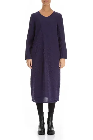 Sharp Edge HighNeckStyle Elegant Royal Purple Waves Silk Linen Dress