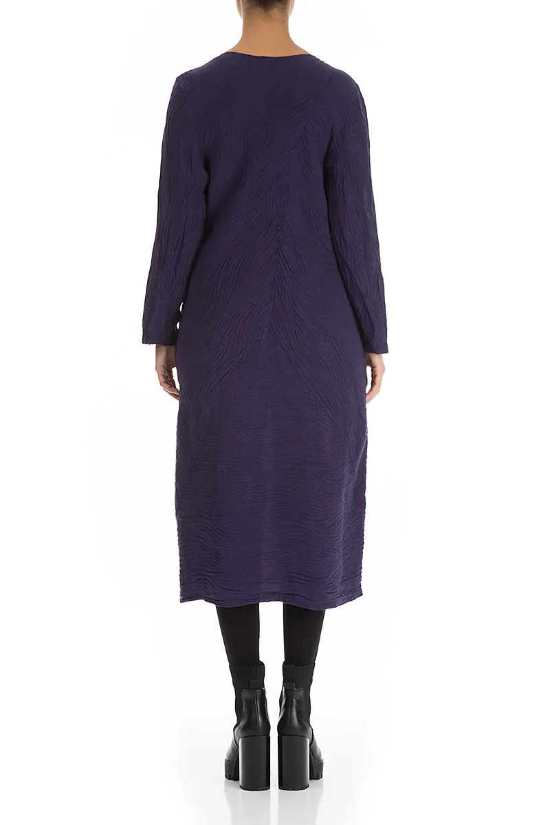 Elegant Royal Purple Waves Silk Linen Dress Young Edge Adjustable Waistbands