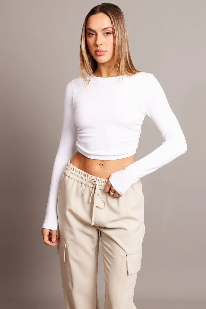 StretchWaistband White Seamless Top Long Sleeve Side Ruched