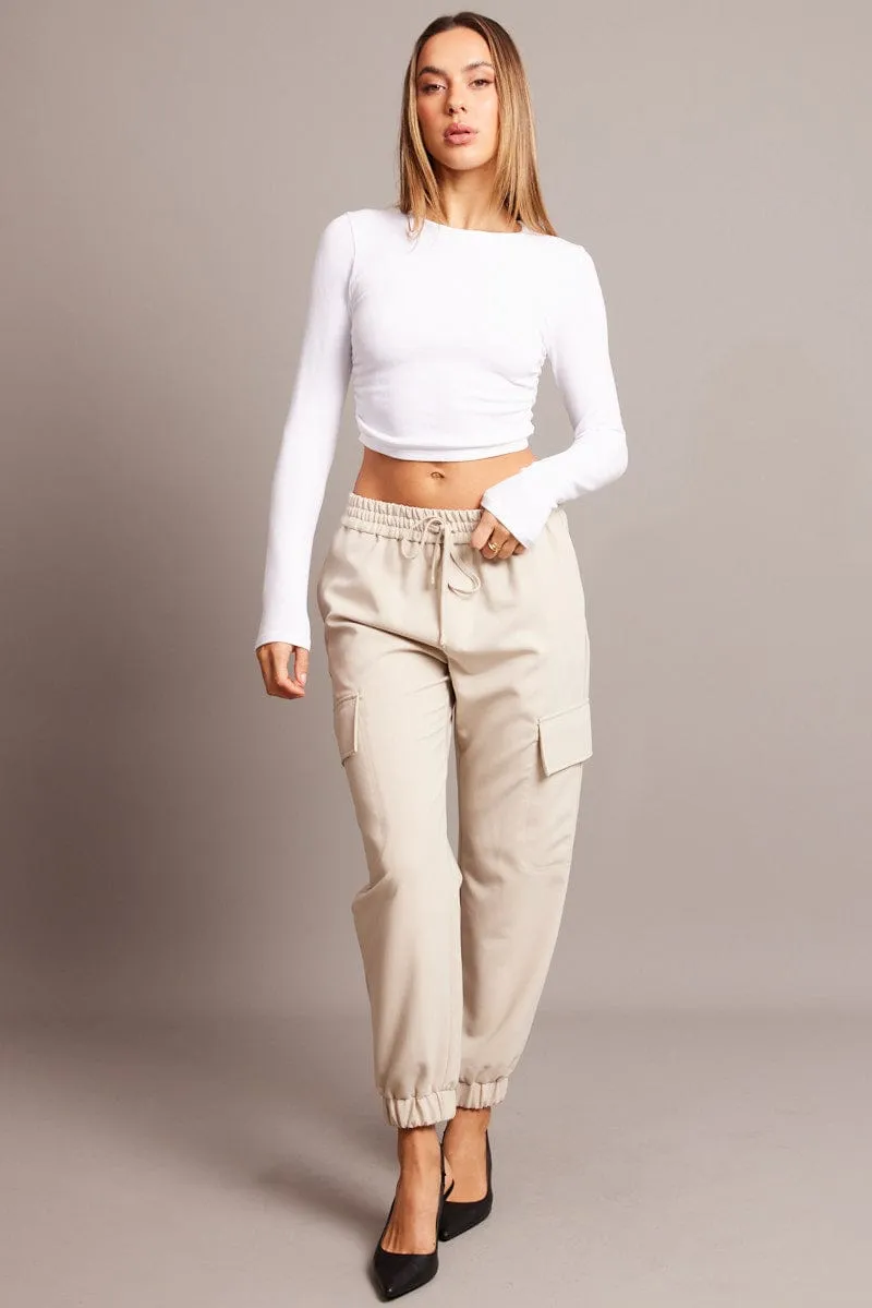 White Seamless Top Long Sleeve Side Ruched TemperatureRegulatingLining