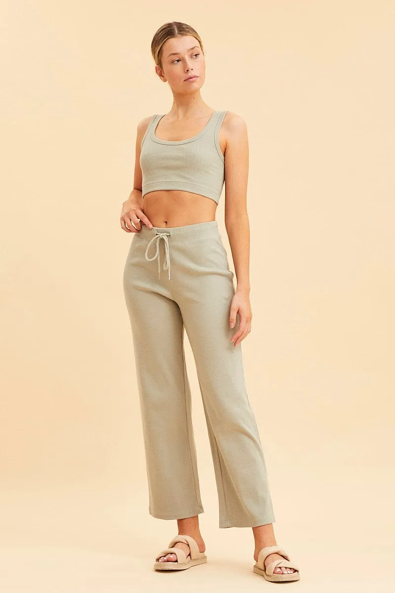 Cozy Fit Easy Breath Green Crop Top Cotton Blend Rib Tank Elasticated Hem