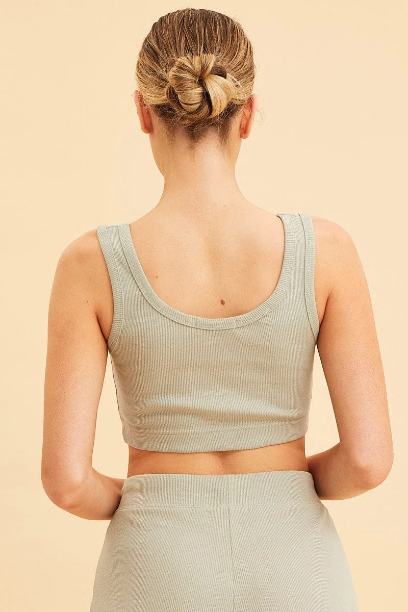 Pure Tone Green Crop Top Cotton Blend Rib Tank Elasticated Hem
