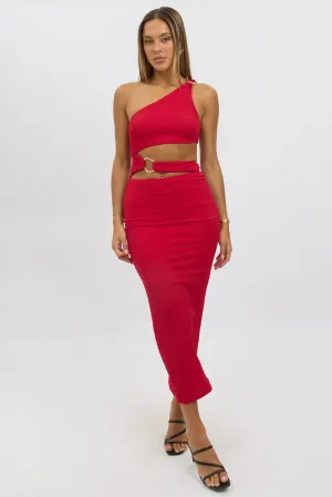 Red Bodycon Dress One Shoulder Textured EasyAdjustStraps Translucent Soul