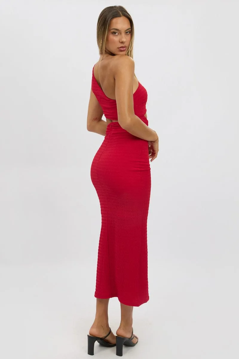 Red Bodycon Dress One Shoulder Textured Weather Ready