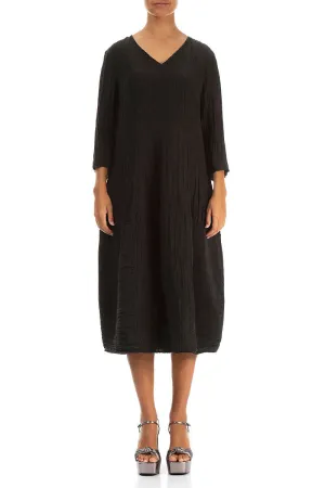 V-Neck Crinkled Black Silk Linen Dress QuickDrying