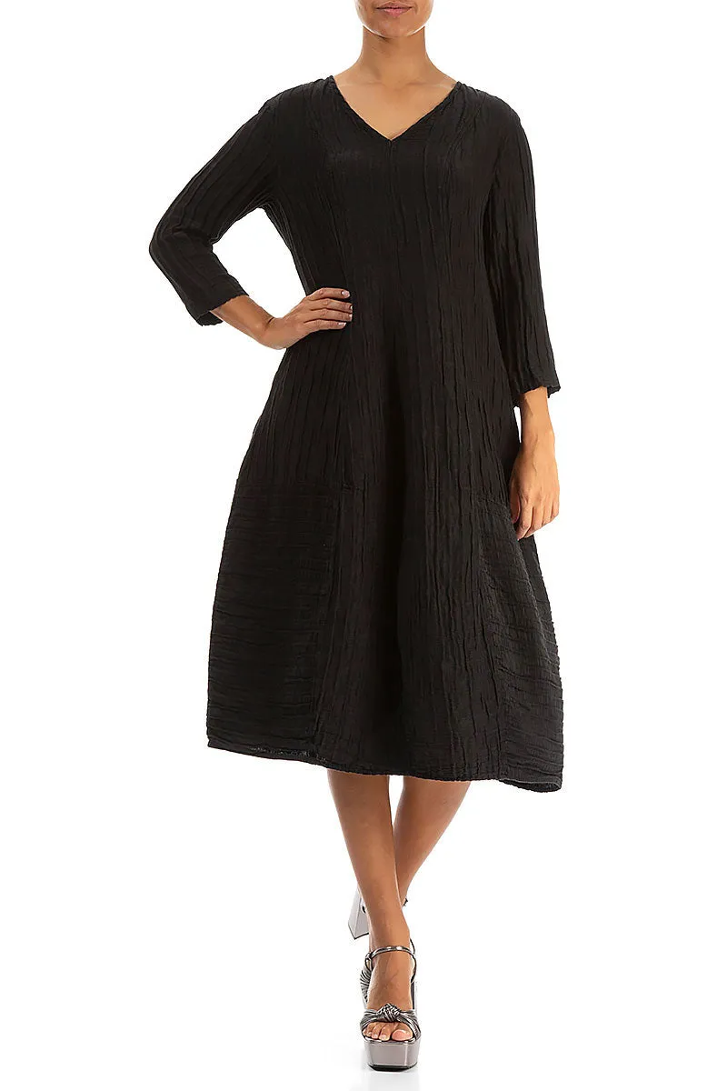 Open Glow Lightweight Construction V-Neck Crinkled Black Silk Linen Dress