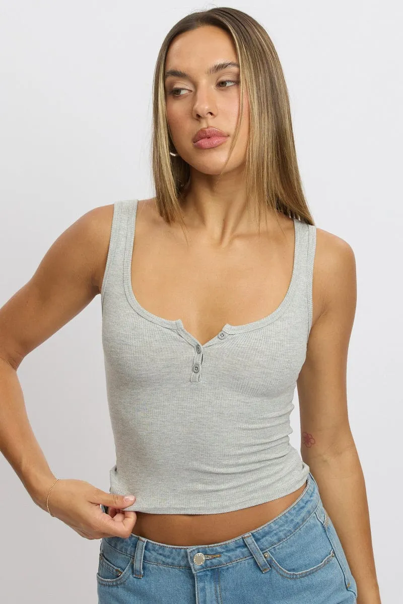Romance Fit Grey Rib Tank Button Front