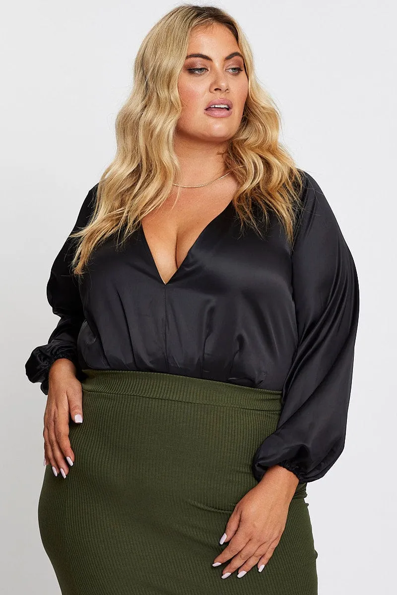 Black Long Sleeve Deep V-neck Bodysuit Weekend Style Ethic Core