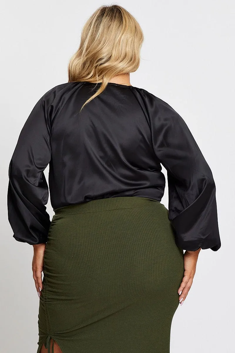 Lightweight Layering Global Glow Black Long Sleeve Deep V-neck Bodysuit