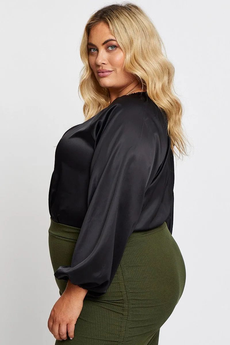 Black Long Sleeve Deep V-neck Bodysuit Soft Inner Lining Versatile Dress