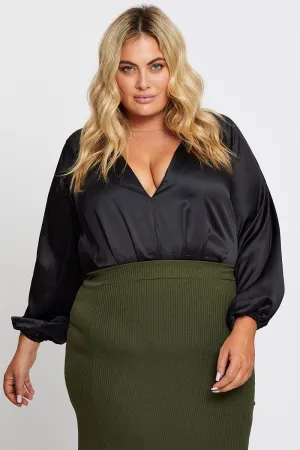 Black Long Sleeve Deep V-neck Bodysuit Simple Fashion Glow Up
