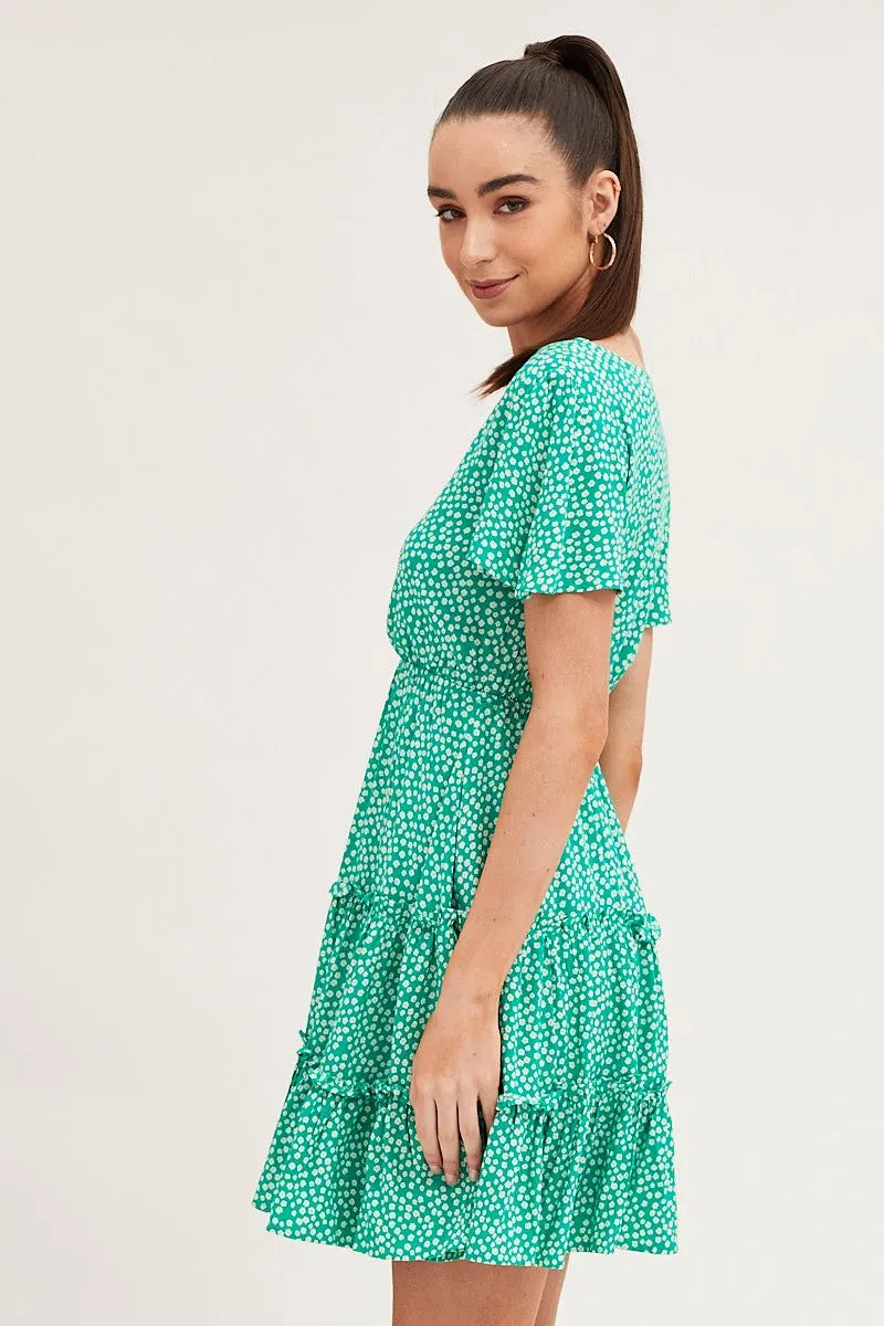 Print Skater Dress Short Sleeve Mini Stylish accessories EasyAdjustment
