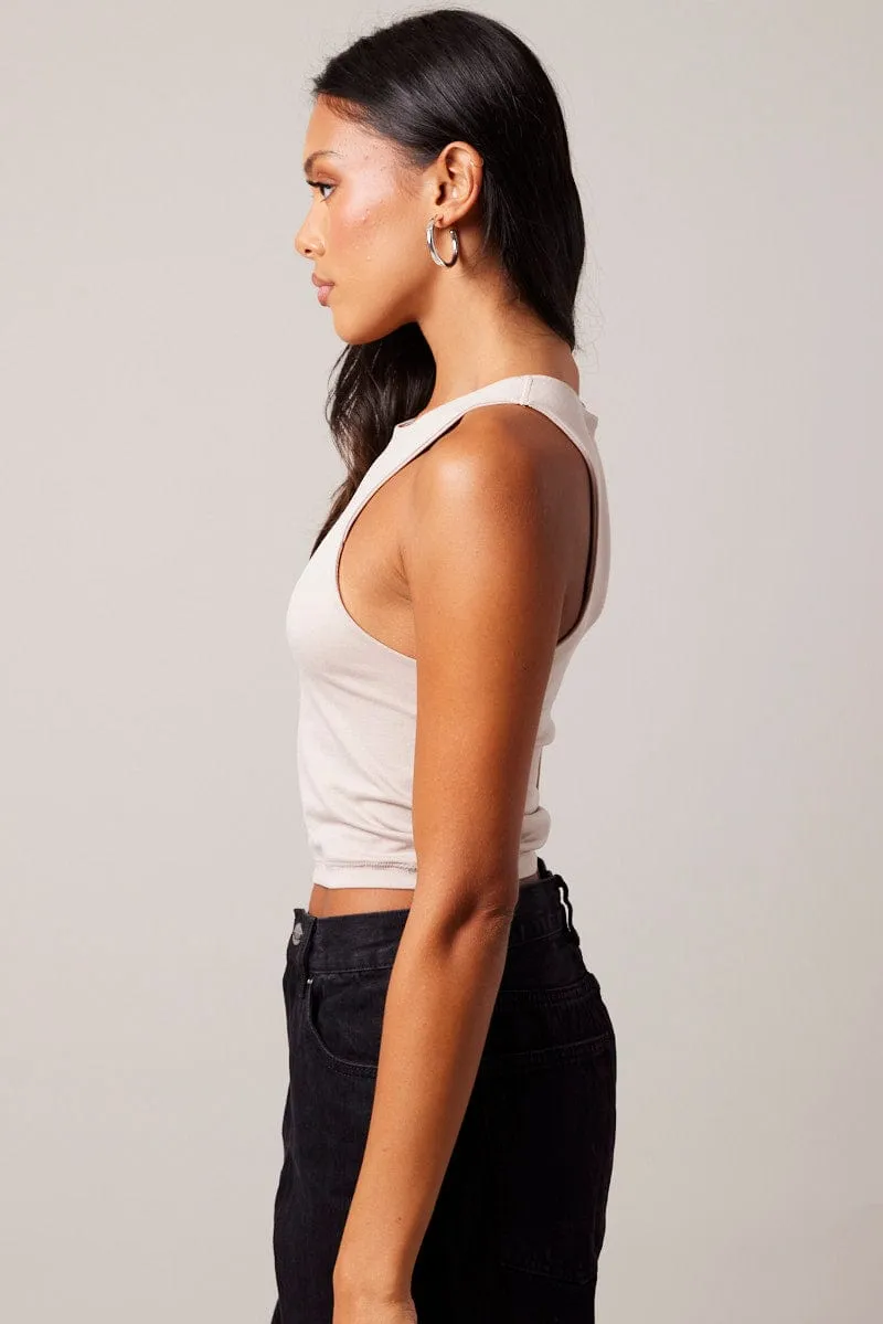 Brown Tank Top Crew Neck Seamless Flexible Hemline