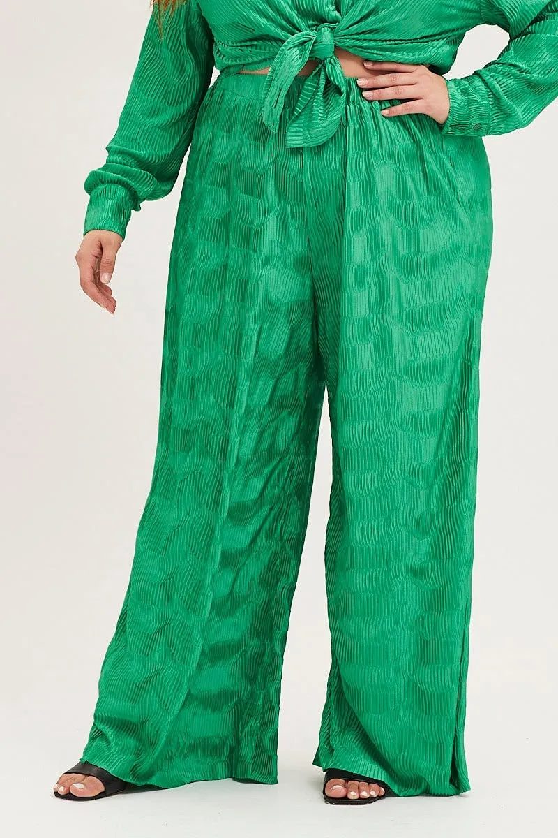 Performance Wear Green Plisse Pants Wide Leg High Rise