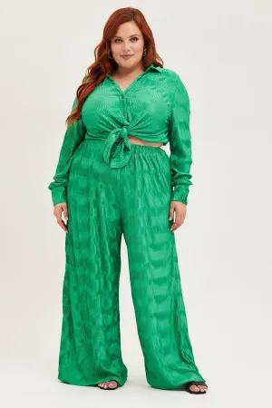 Green Plisse Pants Wide Leg High Rise Chilly Layering Hypoallergenic fabric