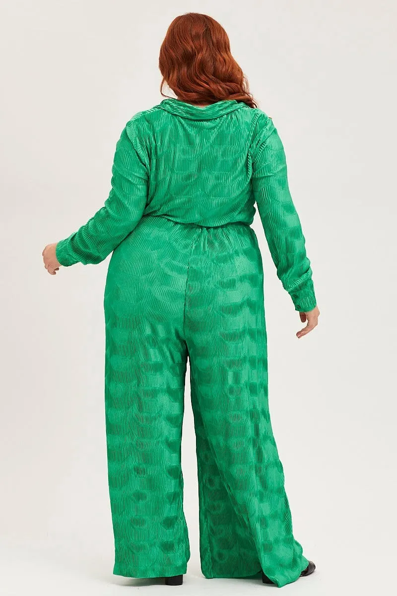 Soft Texture Green Plisse Pants Wide Leg High Rise