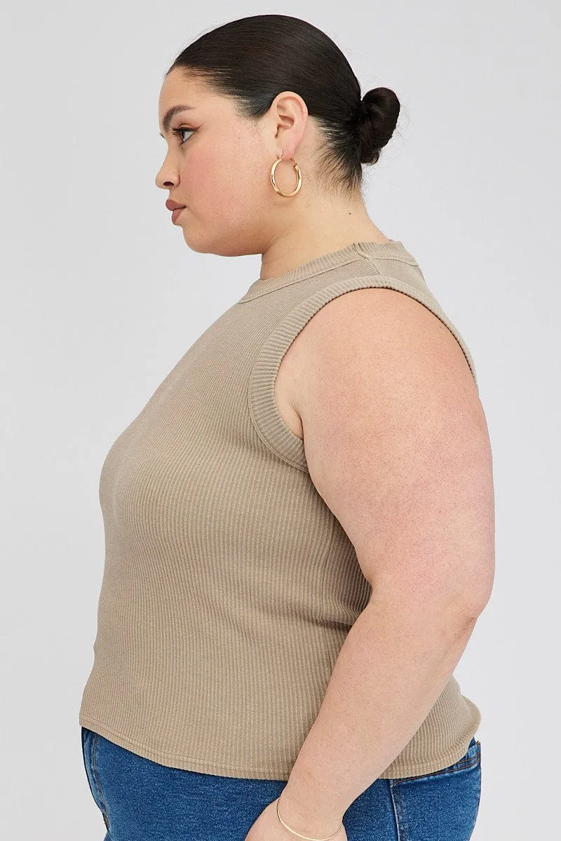 Work Mix AdjustableHemline Brown Tank Top Sleeveless Crew Neck