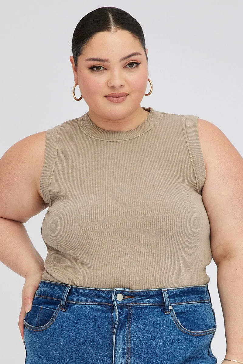 Brown Tank Top Sleeveless Crew Neck SnagResistant Weave
