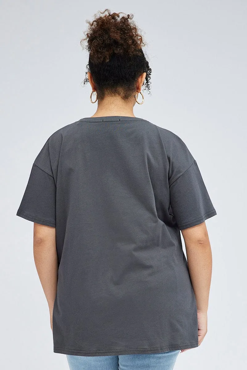 Classic Crew Neck Grey Oversized Eagle Tee Side Split Round Neck