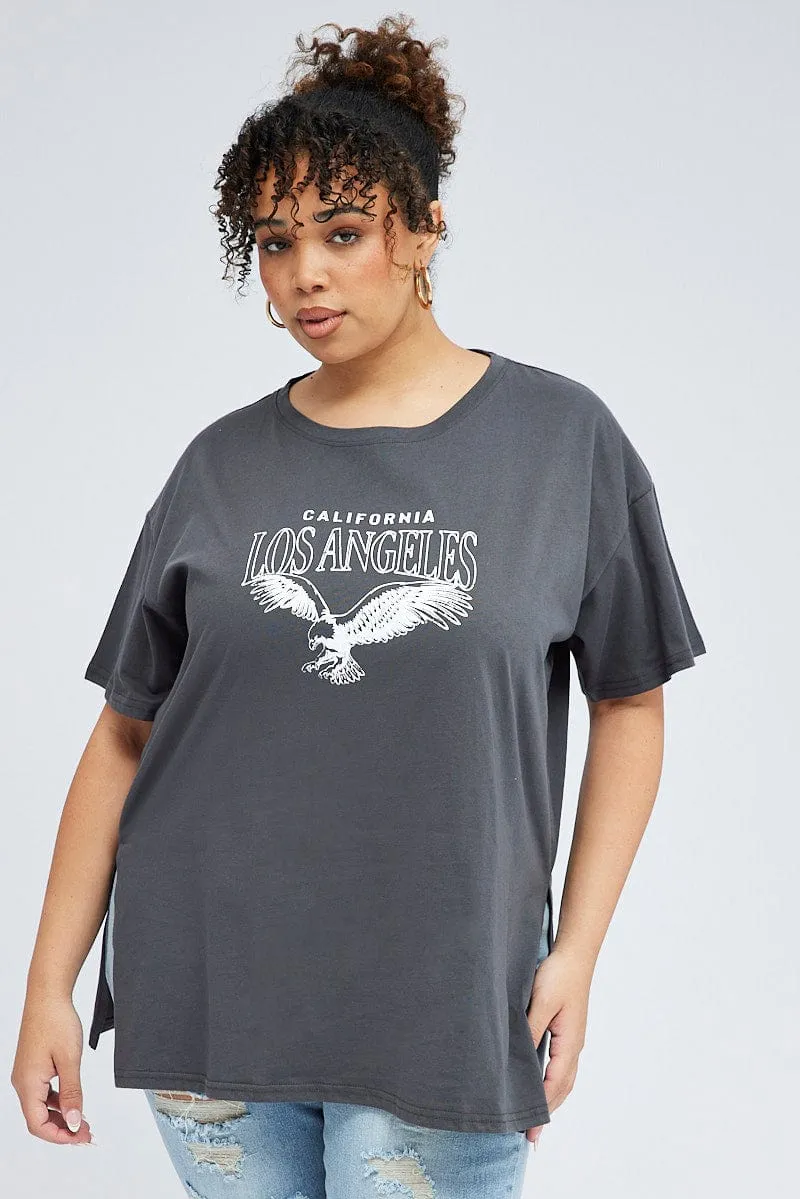 Grey Oversized Eagle Tee Side Split Round Neck Weekend Smart Look Durable Collar Construction