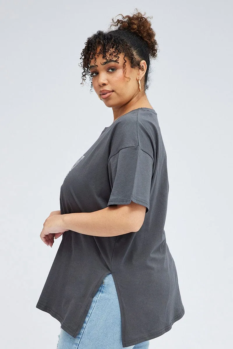 Smooth Jersey Texture Grey Oversized Eagle Tee Side Split Round Neck