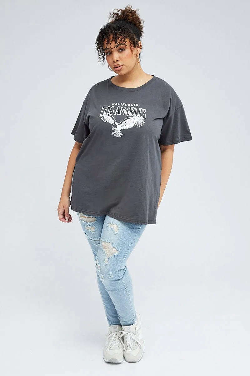 Layered Sleeve Minimalist Wear Grey Oversized Eagle Tee Side Split Round Neck