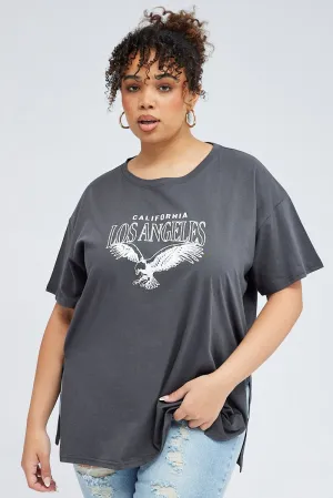 Cozy Essentials Grey Oversized Eagle Tee Side Split Round Neck