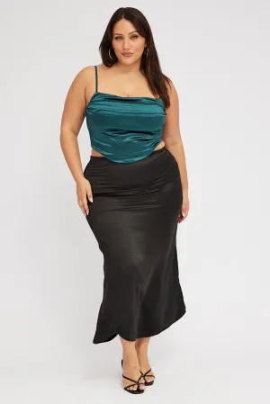 Black Satin Split Maxi Skirt Low Rise