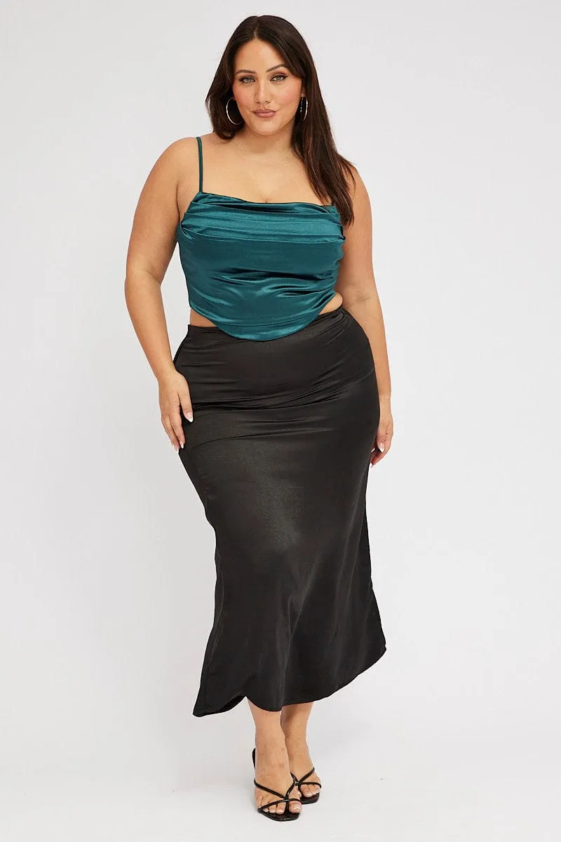 Black Satin Split Maxi Skirt Low Rise