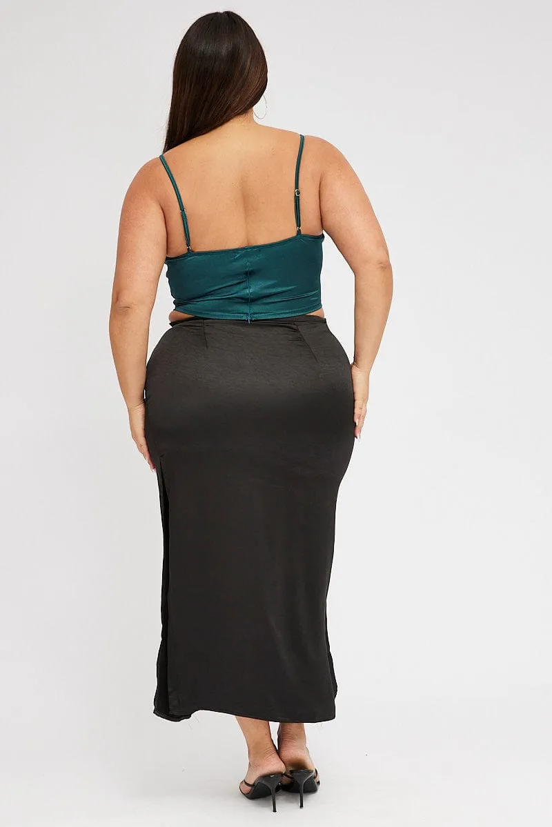 Black Satin Split Maxi Skirt Seasonal Layering Innovative Fabric