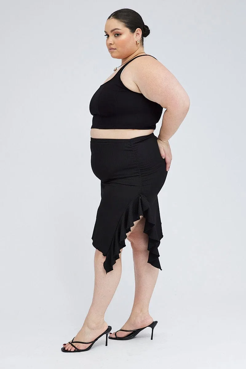 Black Rib Jersey Frill Skirt gentle style Autumn Stroll