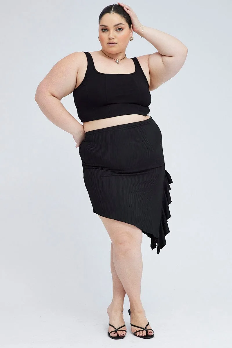 Black Rib Jersey Frill Skirt Texture Play Synthetic Blend