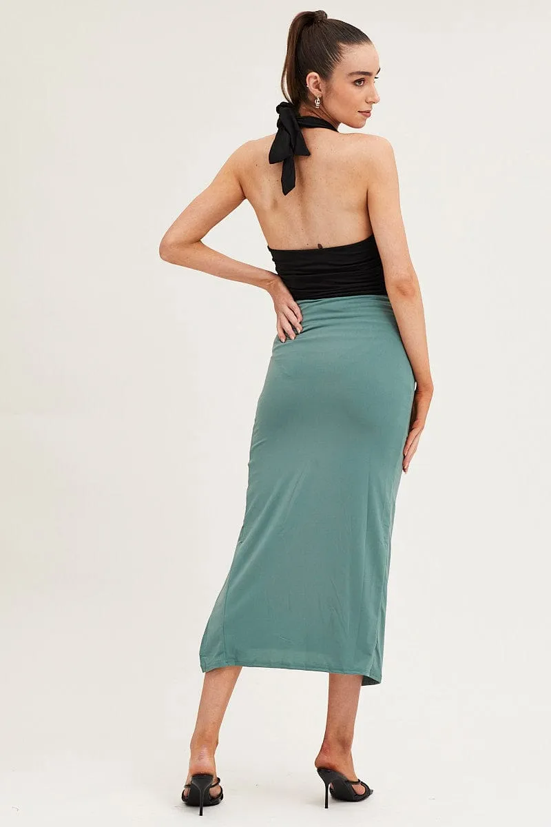 Green Front Split Midi Pencil Skirt Jersey Celebrity Style Multi Purpose Fabric