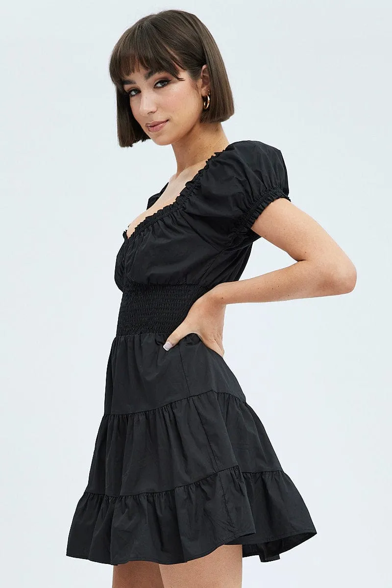 Black Fit and Flare Dress Short Sleeve Shirred spring fresh AntimicrobialCoating