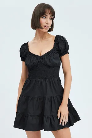Daywear Style EcoConscious Production Black Fit and Flare Dress Short Sleeve Shirred