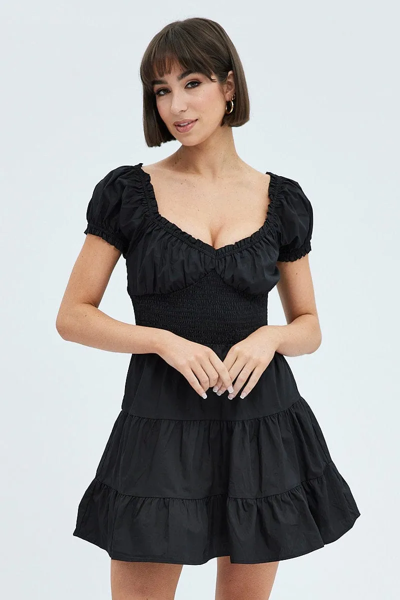 Laid-Back Outfit Sporty Jacket Black Fit and Flare Dress Short Sleeve Shirred