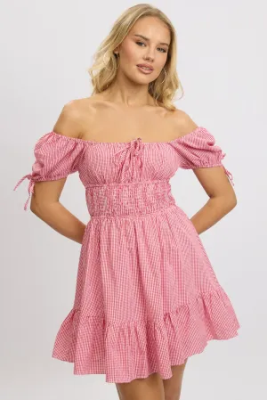 FlexibleJointConstruction Red Check Fit And Flare Dress Puff Sleeve Mini