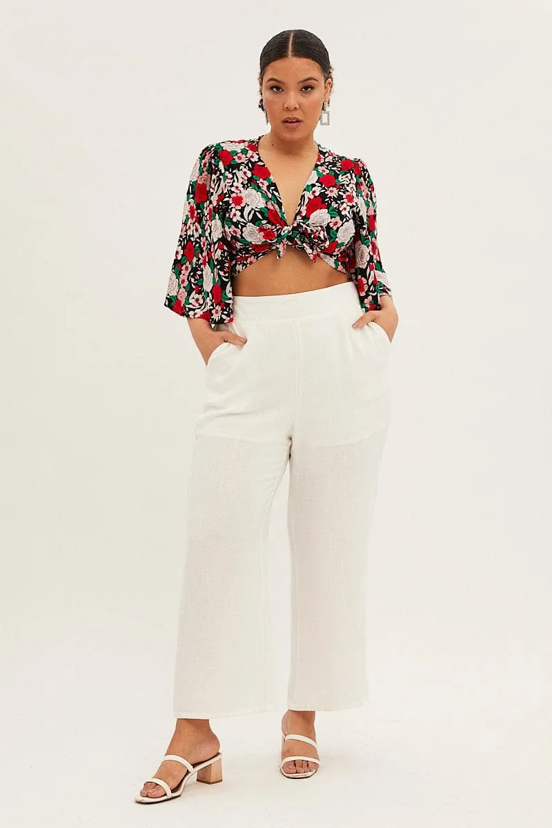White Wide Leg Pant Flat Front Elastic Back Linen Blend Tapered Look Hypoallergenic fabric