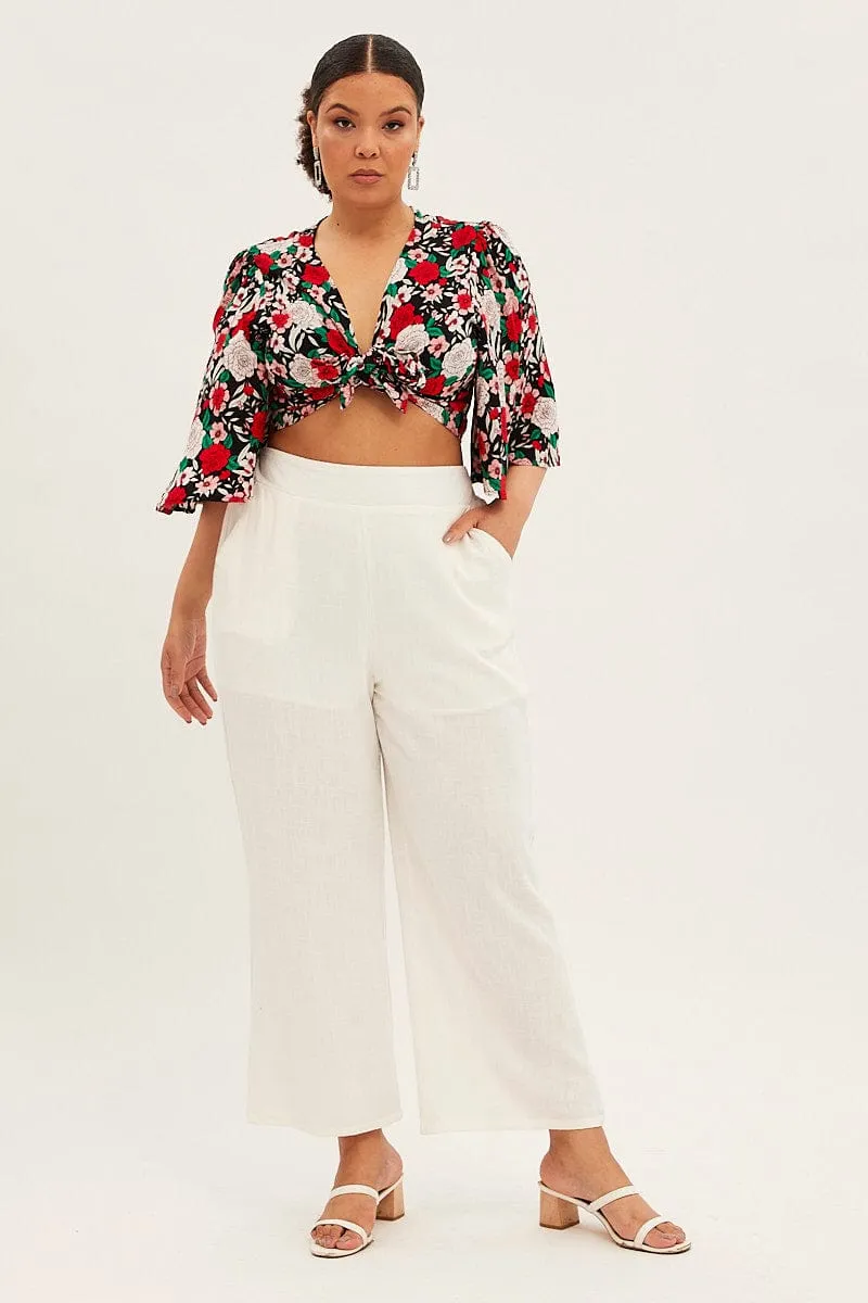 White Wide Leg Pant Flat Front Elastic Back Linen Blend Quick Flex