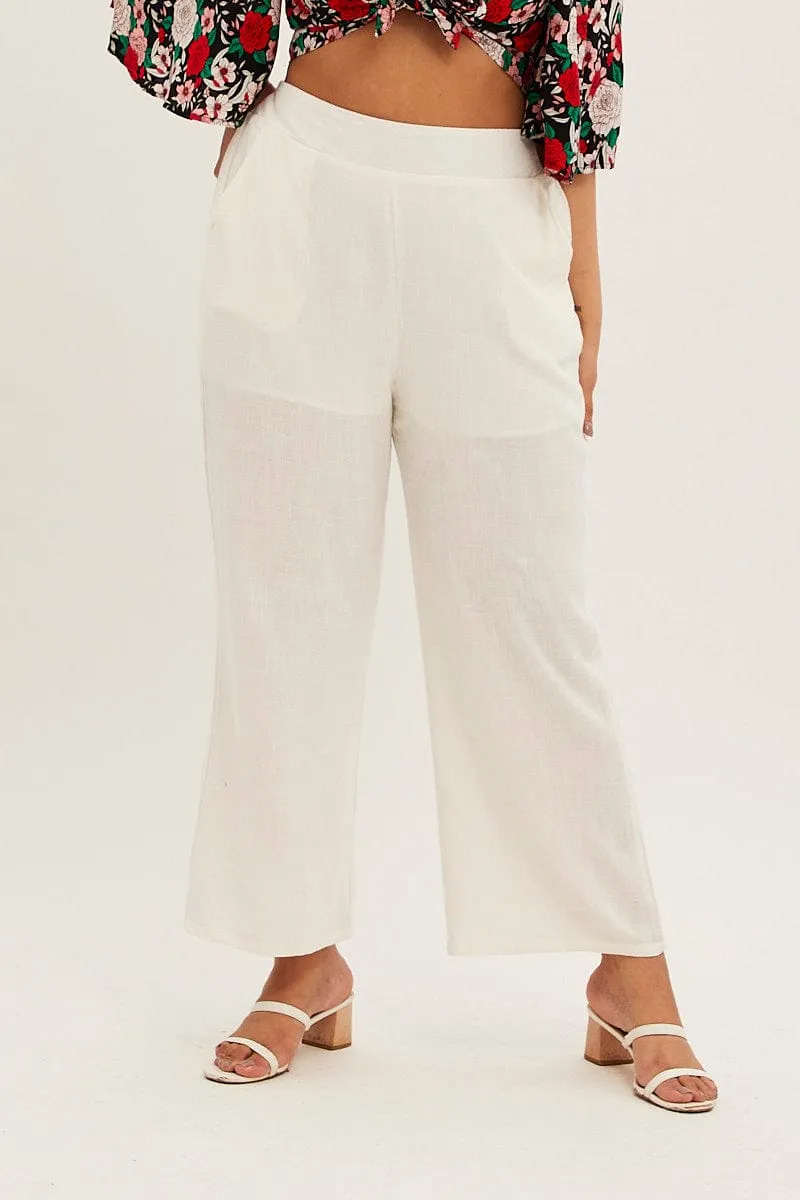 White Wide Leg Pant Flat Front Elastic Back Linen Blend Multi-way wear Chic Fit